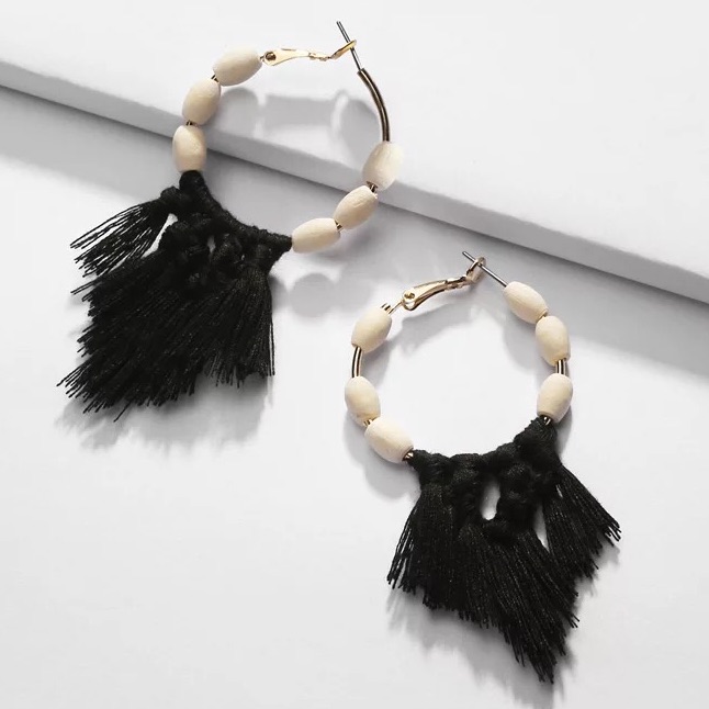225 Black Cream Macrame Boho Fringe Natural Wooden Beaded Hoop Earrin 17$